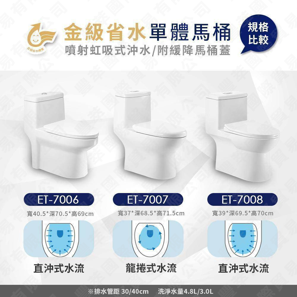 一太 金級省水馬桶ET-7006 兩段式沖水 噴射虹吸式 強力水流好清潔 超強吸力不賭塞 金級省水最環保 乾淨衛生, , large