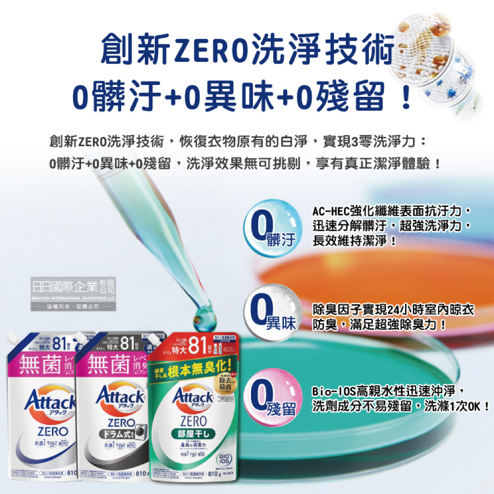 [日日好物]日本KAO花王-Attack ZERO極淨超濃縮洗衣精補充包810g/袋-直立式洗衣機專用(白)(最高清潔力Bio IOS洗淨因子,衣物除臭香氛,直立式/滾筒式/室內晾曬消臭), , large