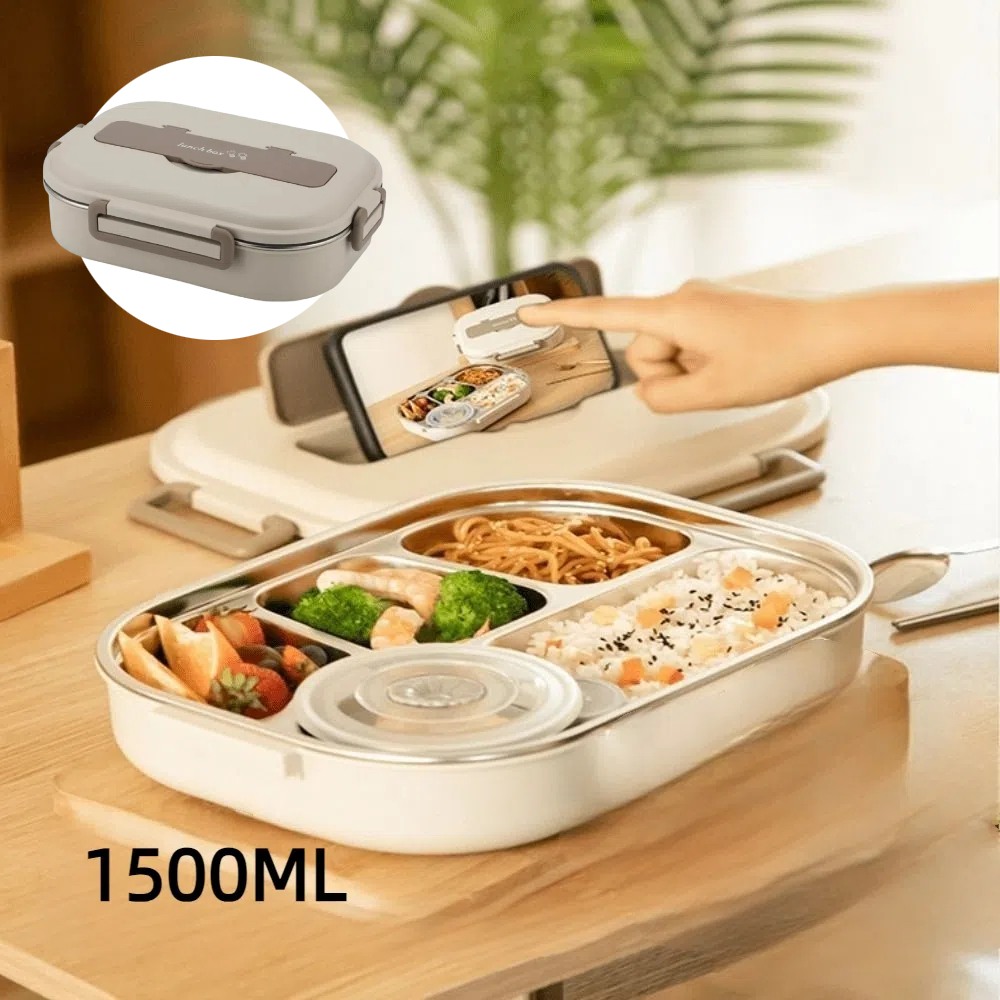 【A&R】日式304不鏽鋼五格微波便當盒附贈湯碗+餐具 1500ML 奶油白, , large