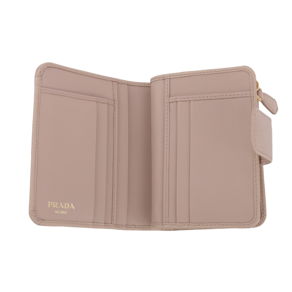 PRADA 浮雕Logo水波紋拉鍊釦式厚款零錢短夾/藕粉色, , large