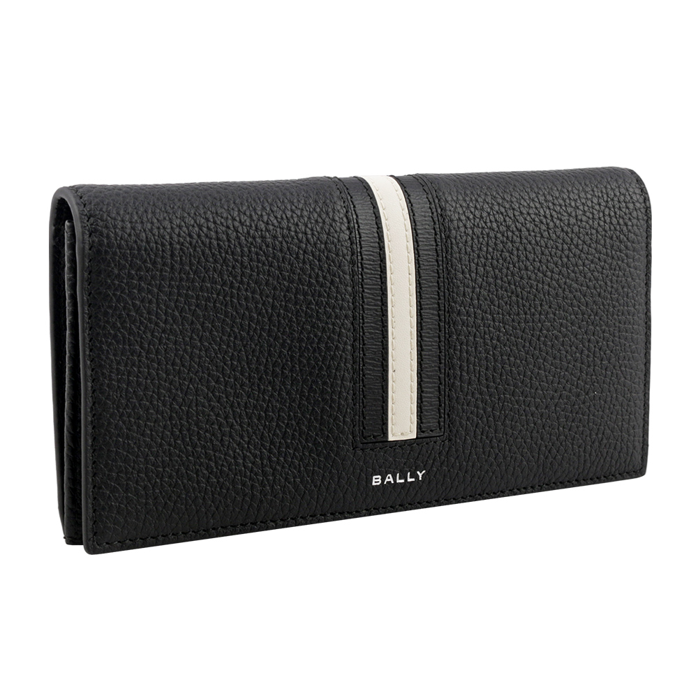 BALLY Ribbon 黑白條紋牛皮對開長夾/黑色, , large