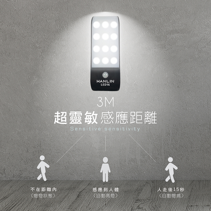 [HANLIN]-LED16 磁吸USB充電人體感應燈#USB 照明手電筒 壁懸掛 黏貼 小夜燈 夜間照明燈(白光), , large