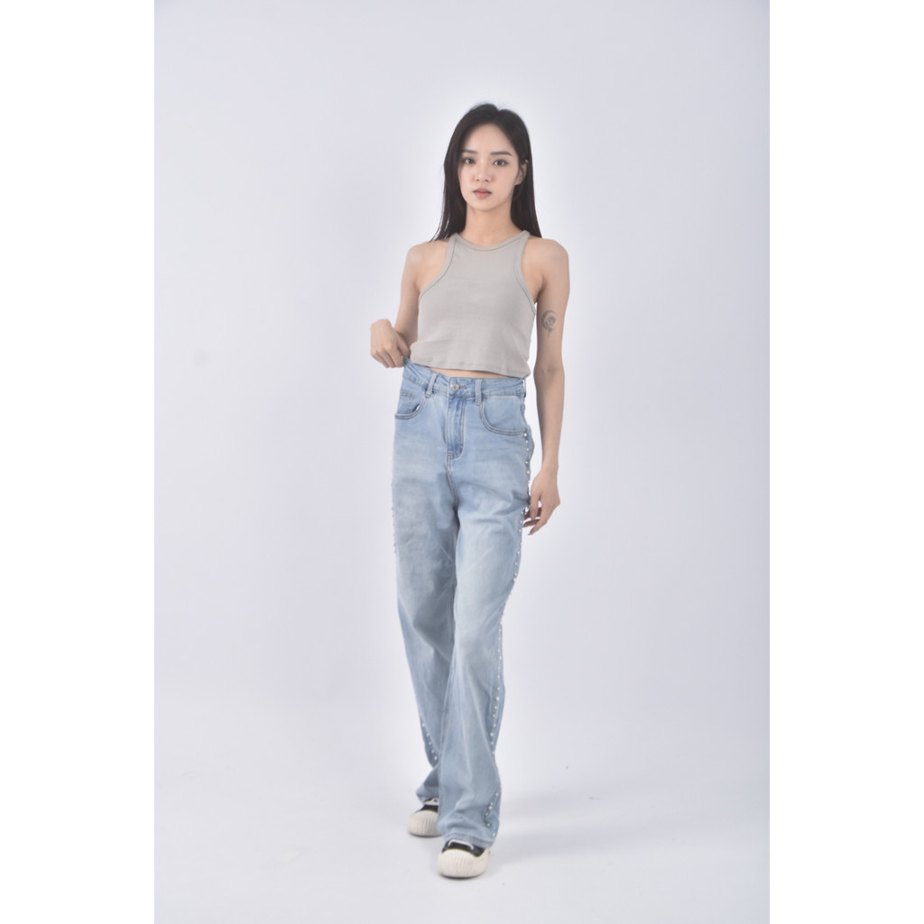 (S) jeans高腰丹寧牛仔質感棉質珍珠藍色長褲二手衣, , large