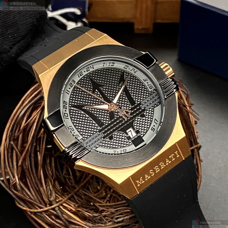 [星晴錶業]MASERATI手錶,42mm,R8851108002黑色錶面玫瑰金錶殼深黑色矽膠錶帶款, , large
