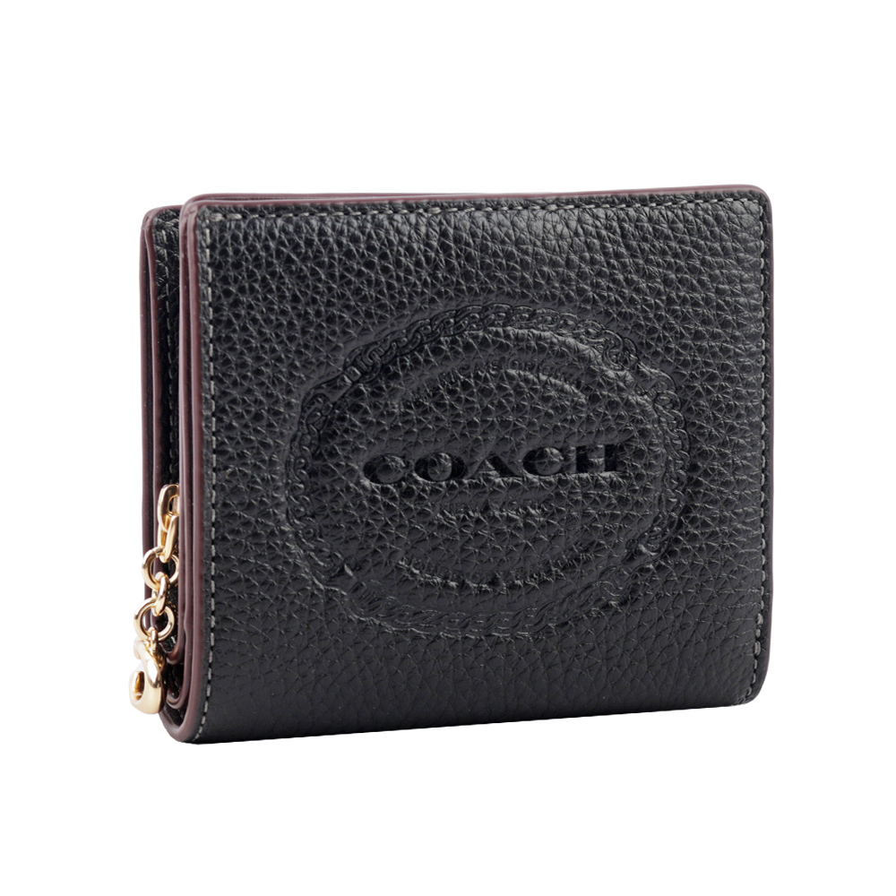 COACH 金色C Logo 拉鍊鎖鏈標誌壓印暗釦二折短夾/黑色, , large