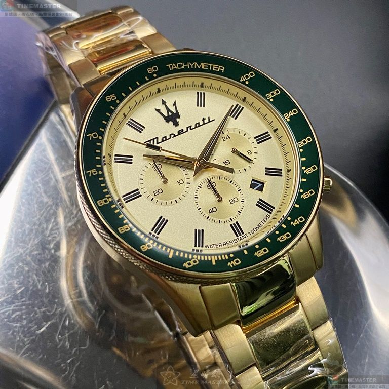 [星晴錶業]MASERATI手錶,44mm,R8873640005金色錶面綠金錶殼金色精鋼錶帶款, , large