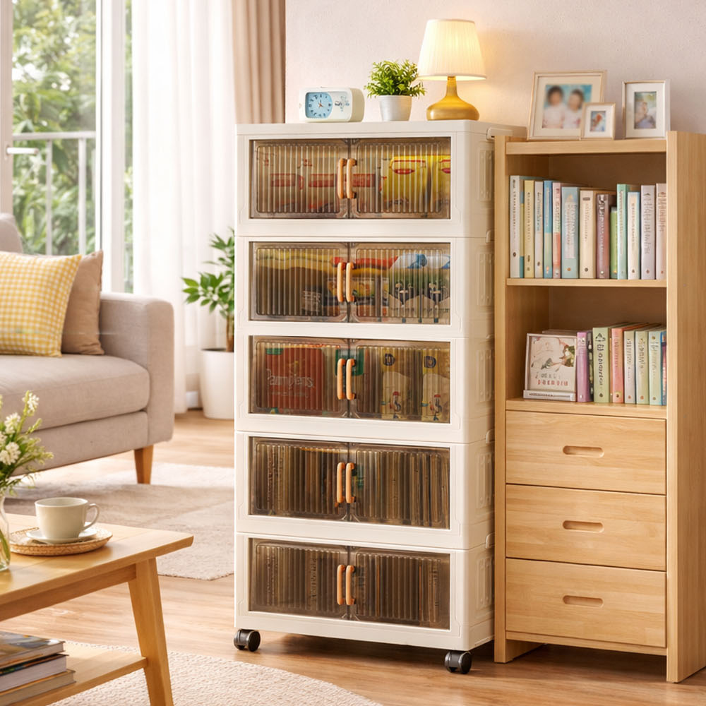 【AOTTO】58面寬五層折疊附輪雙開門收納櫃-透黑款(AC-058BK), , large