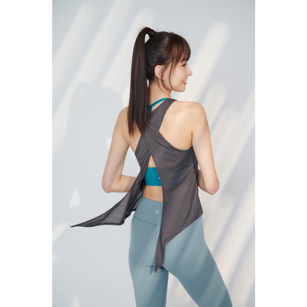 YOGA FLOW Back Twine Shirt - 微透交叉綁結罩衫 - 駝灰 Dark Grey, , large