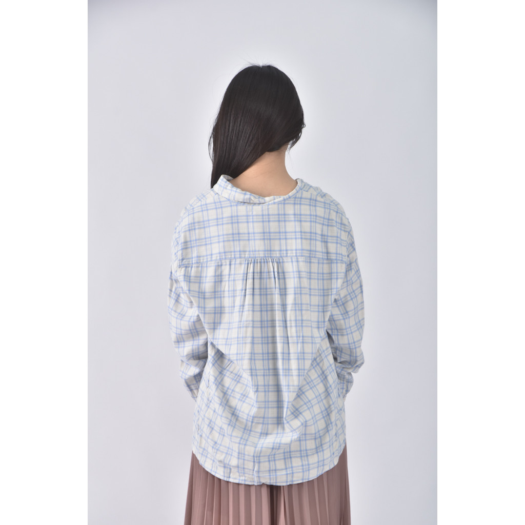 (L) uniqlo排扣格紋藍色襯衫上衣二手衣, , large