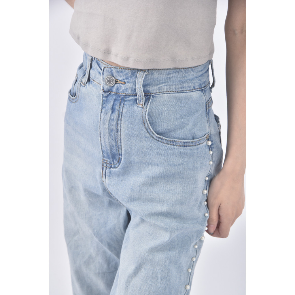 (S) jeans高腰丹寧牛仔質感棉質珍珠藍色長褲二手衣, , large