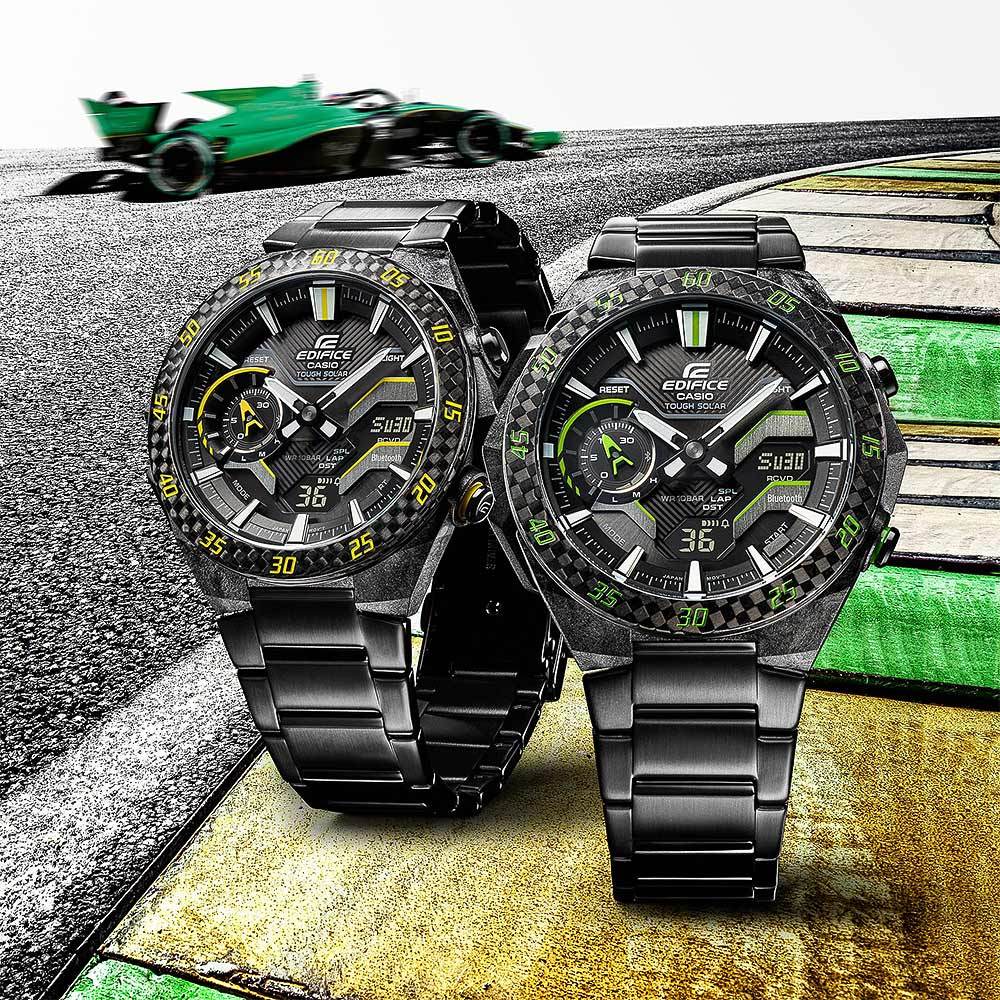 CASIO 卡西歐 EDIFICE 賽車方格旗 太陽能藍芽手錶-黑x黃色 ECB-2200RC-1A9, , large