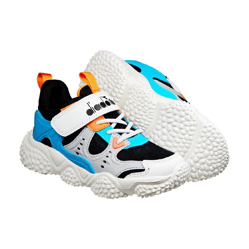 DIADORA迪亞多那 小河豚兒童運動鞋 童運動鞋 童鞋 寬楦 輕量 保護後跟 抗菌 除臭 吸震 緩衝 黑藍桔 藍灰黃, , large