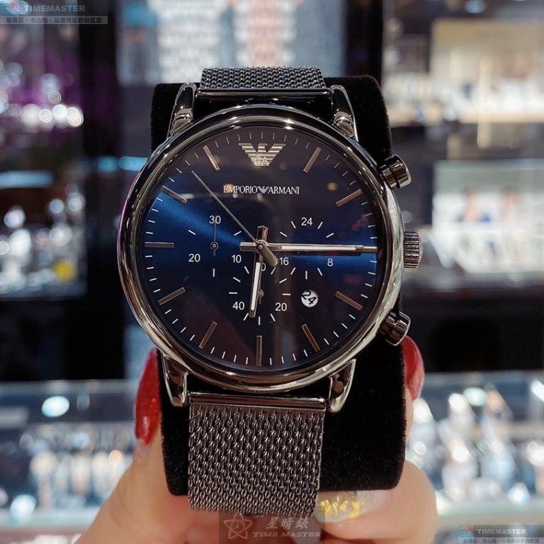 [星晴錶業]ARMANI手錶,44mm,AR00056寶藍色錶面黑錶殼鐵灰色米蘭錶帶款, , large