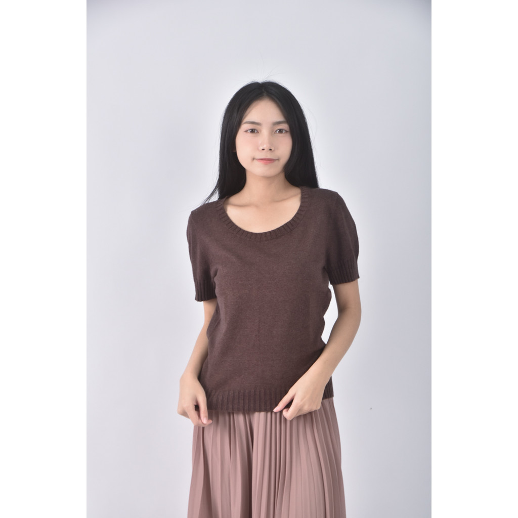 (S) laura ashley質感棉質圓領棕色短袖上衣二手衣, , large