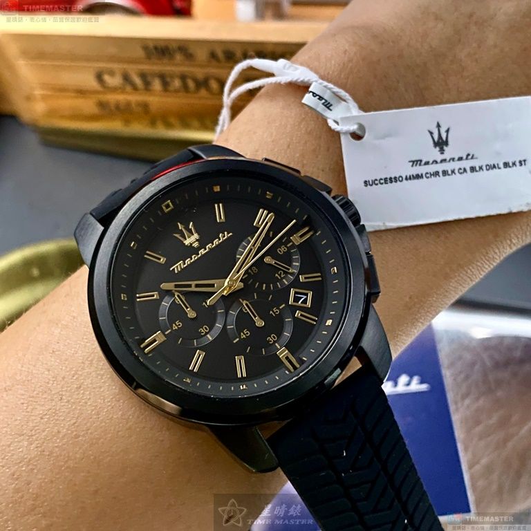 [星晴錶業]MASERATI手錶,44mm,R8871621011黑色錶面黑錶殼深黑色矽膠錶帶款, , large