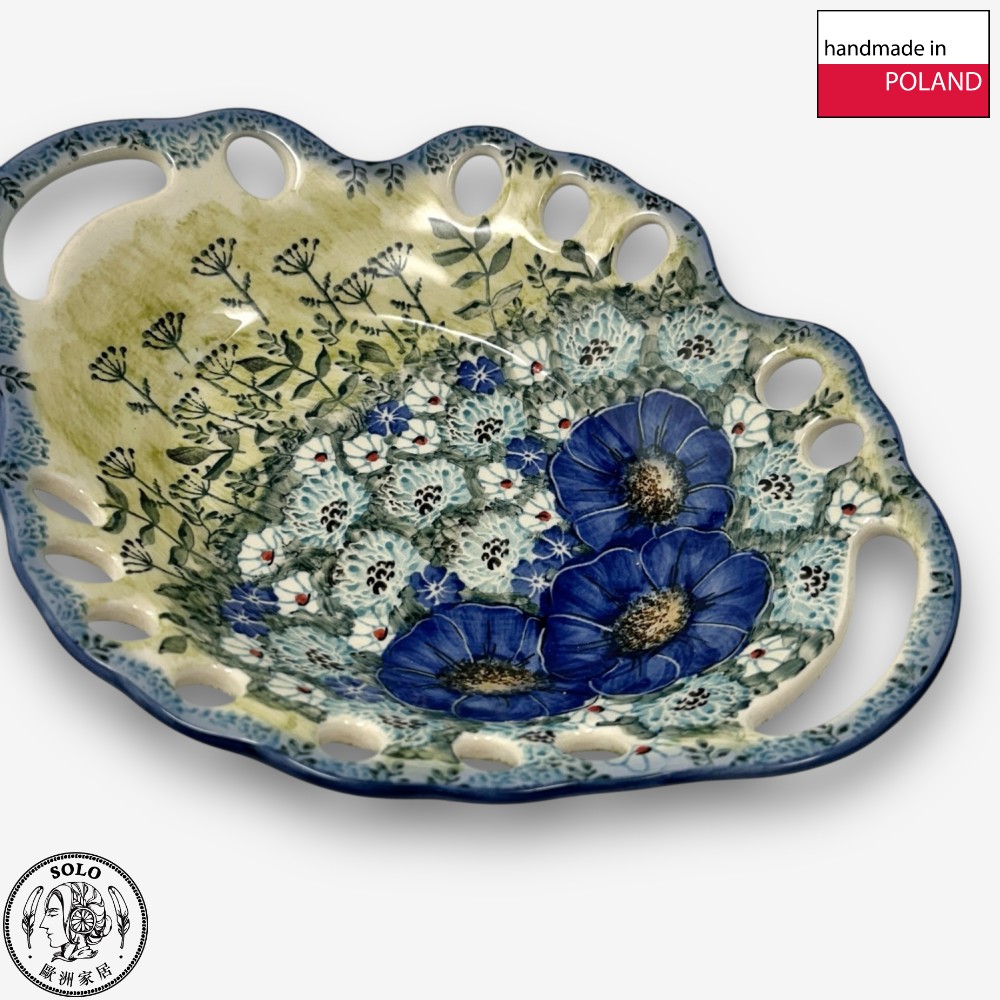 【SOLO Vintage】Cerraf Polish Pottery 26.5cm Fruit Bowl Traces of Fragrance in the Blue Fields Series Made in Poland, , large