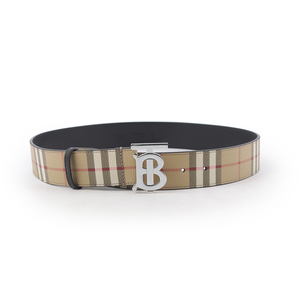 BURBERRY 銀色TB Logo 帆布拼牛皮寬4cm/90cm皮帶/米色, , large