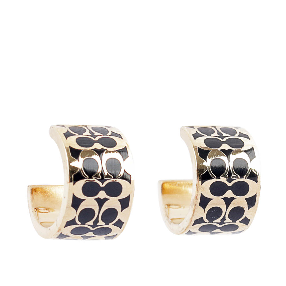 COACH CC Logo 滿版琺瑯環狀耳環(金色/黑色), , large