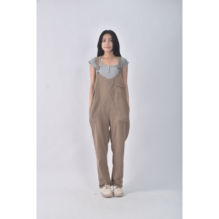 (F) 【金莎私服】caco丹寧牛仔吊帶棉質純棉棕色長褲二手衣, , large