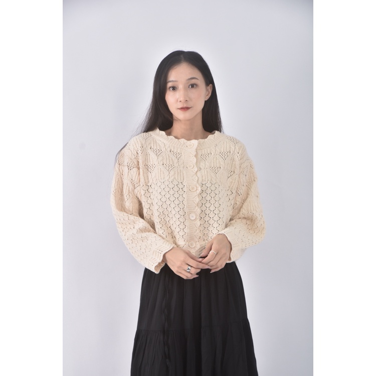 (M) 質感花邊領口杏色長袖上衣二手衣, , large