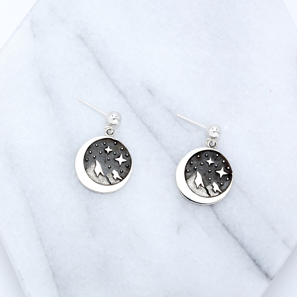 【Angel & Me】山 星星 月亮 s925 純銀 耳環 (可改夾式) 生日 情人節 禮物, , large