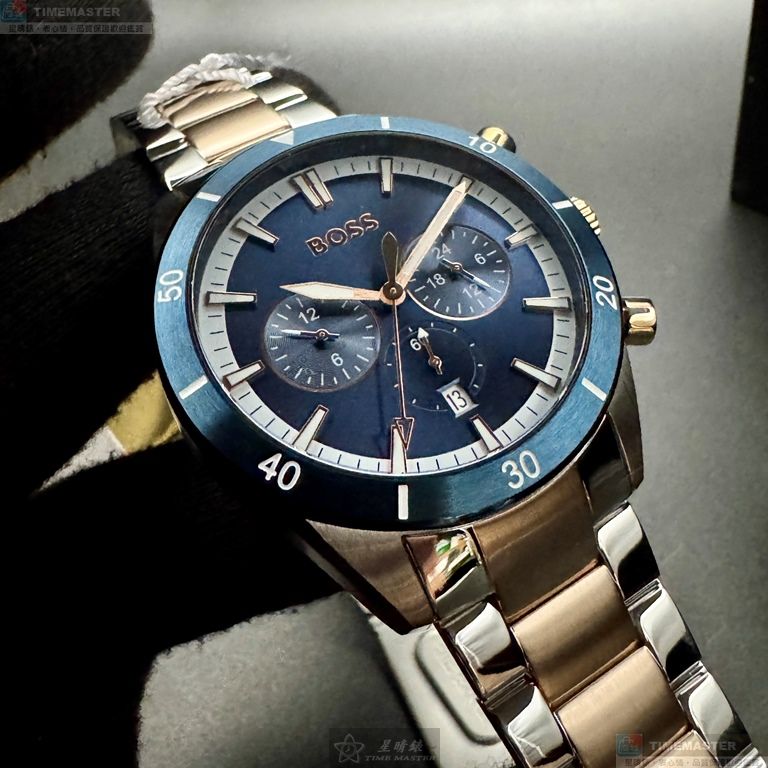 [星晴錶業]BOSS手錶,46mm,HB1513937寶藍色錶面寶藍錶殼金銀相間精鋼錶帶款, , large
