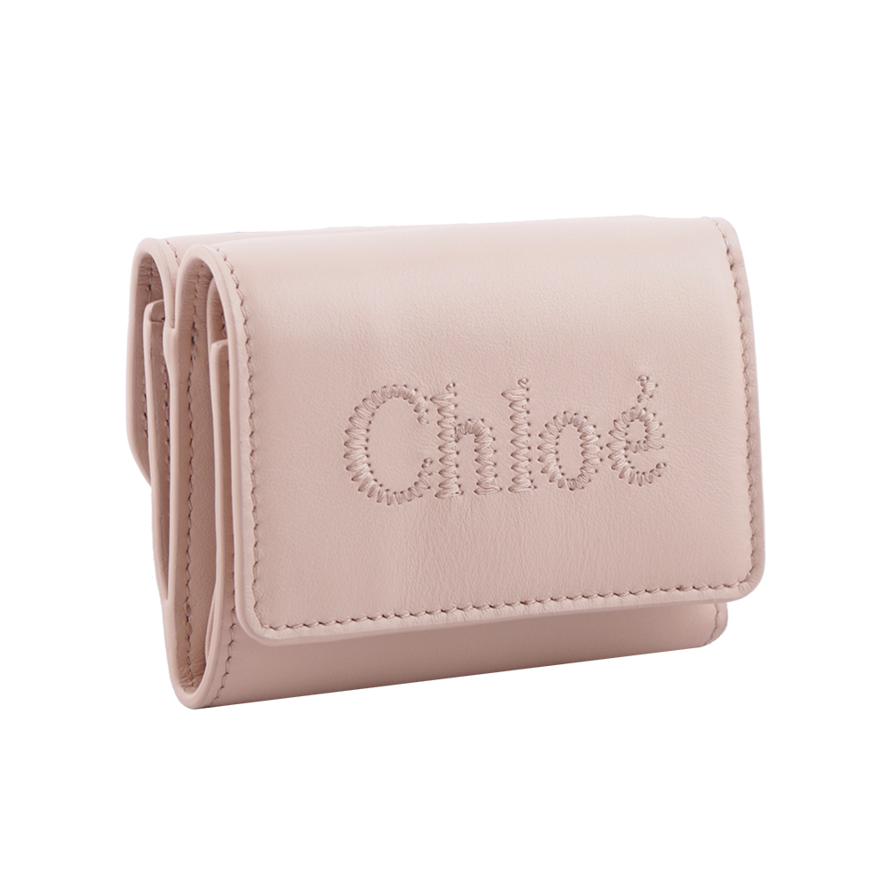 CHLOE' Sense 刺繡標誌小款三折短夾/灰粉色, , large