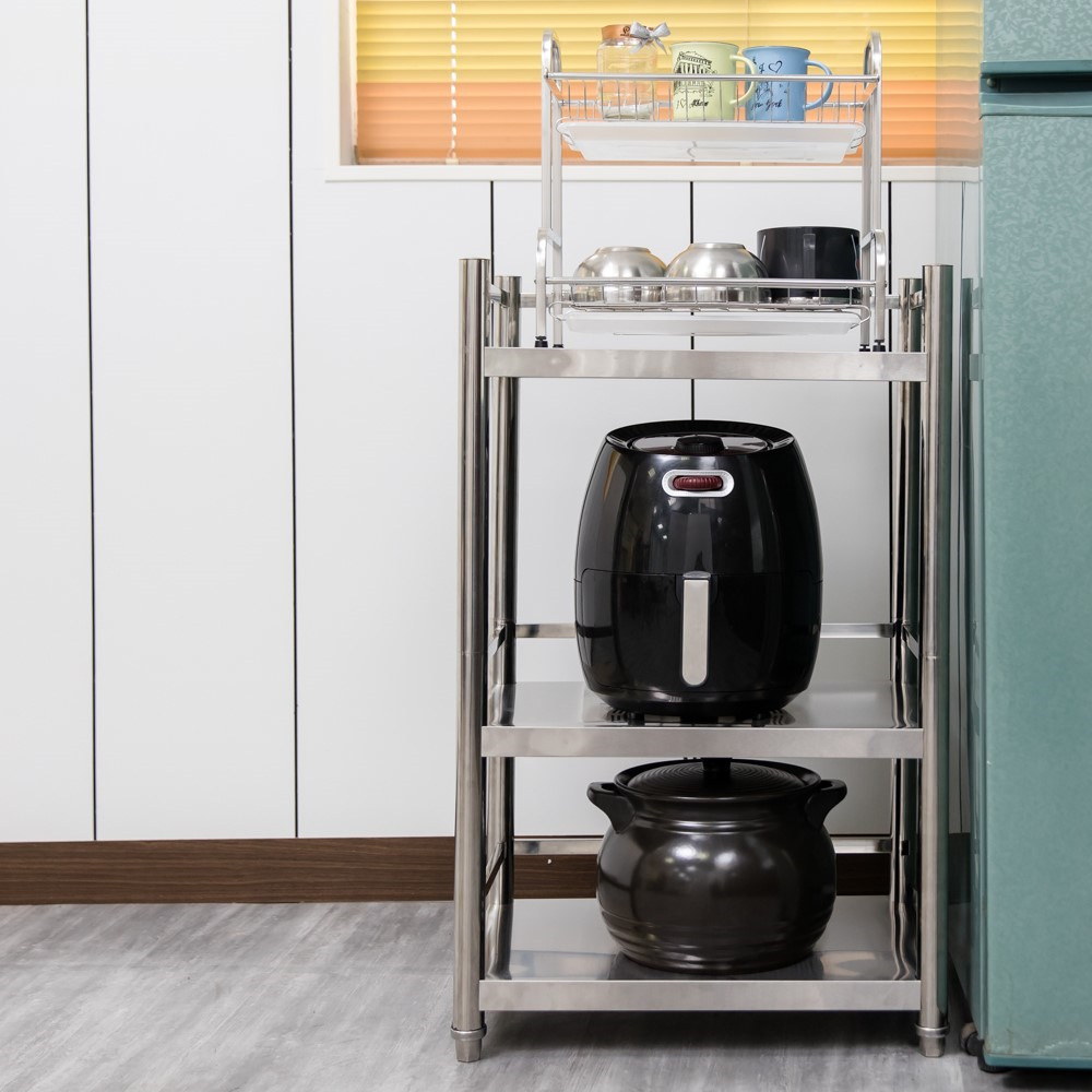 【誠宜居家】60x45x91公分 (三面圍欄-三層不鏽鋼置物架)升級款加粗加厚-加強底部橫梁 收納架 不鏽鋼置物架 不銹鋼置物架 廚房不銹鋼置物架 置物架 家電架 廚房架 架子, , large