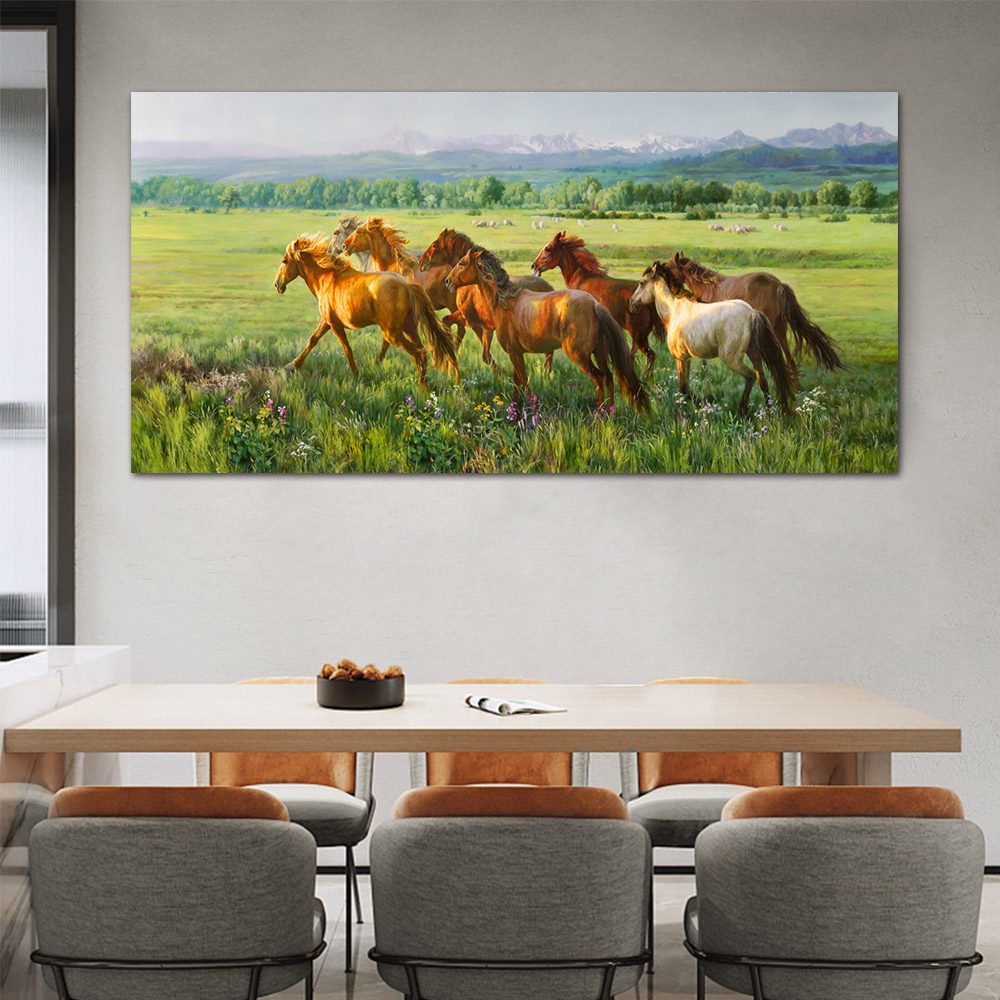 【御畫房】八駿雄風 國家一級畫師手繪油畫60×120cm(VF-132), , large
