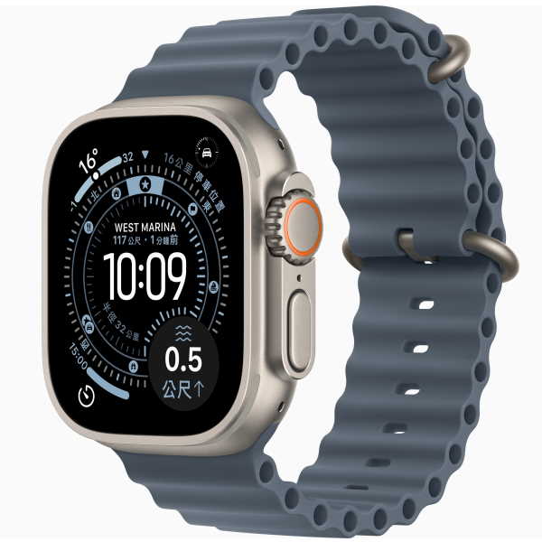 Apple Watch Ultra 3 LTE 49mm 原色鈦金屬錶殼搭錨藍色海洋錶帶 M/L (2025) _ 台灣公司貨 ＋ 專用 (錶貼 & 錶套), , large