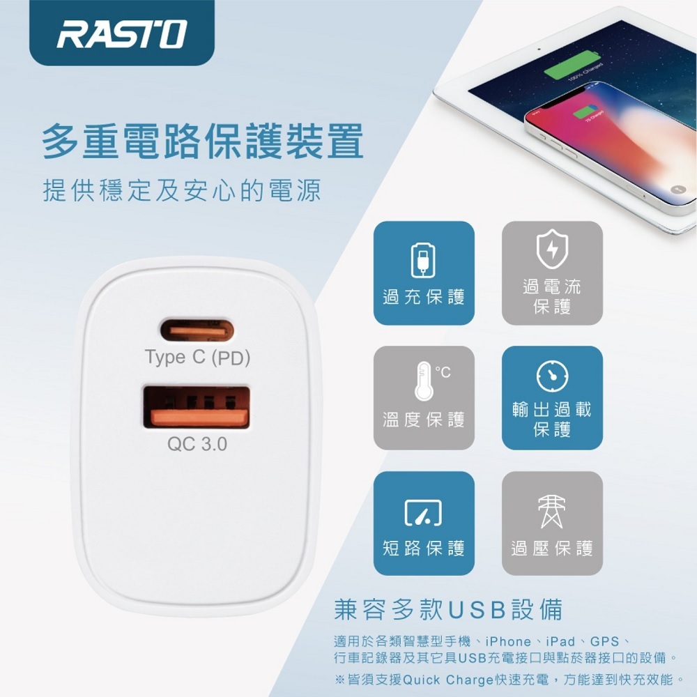 RASTO RB32 20W PD+QC3.0 Smart Charger + 40W A to C Fast Charging Transmission Cable Set Fast Dual-Hole Output Fireproof Material, , large