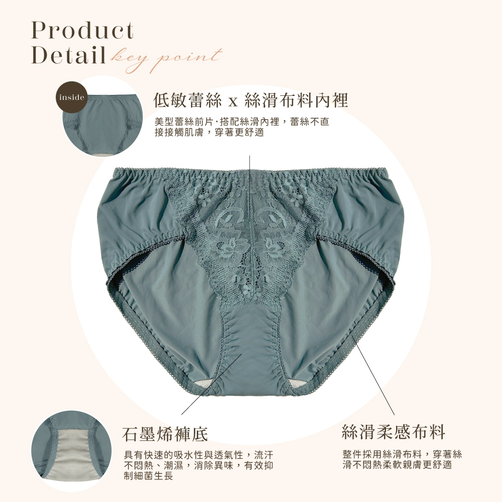 【Clany可蘭霓】澎然心動 石墨烯抑菌透氣蕾絲 M-XL 中腰內褲 森林綠 3063-83, , large