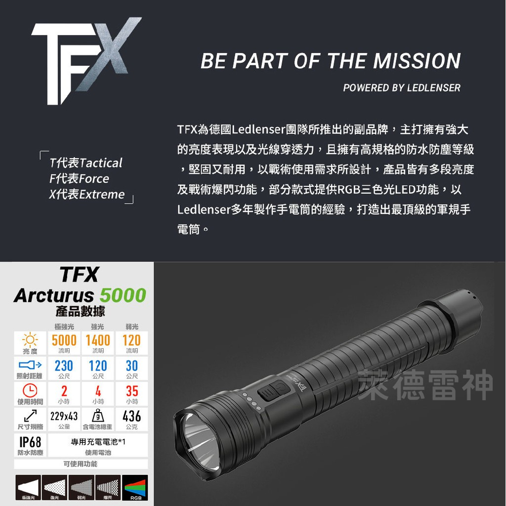 【德國Ledlenser】副品牌 TFX Arcturus 5000 戰術型四色光充電手電筒, , large
