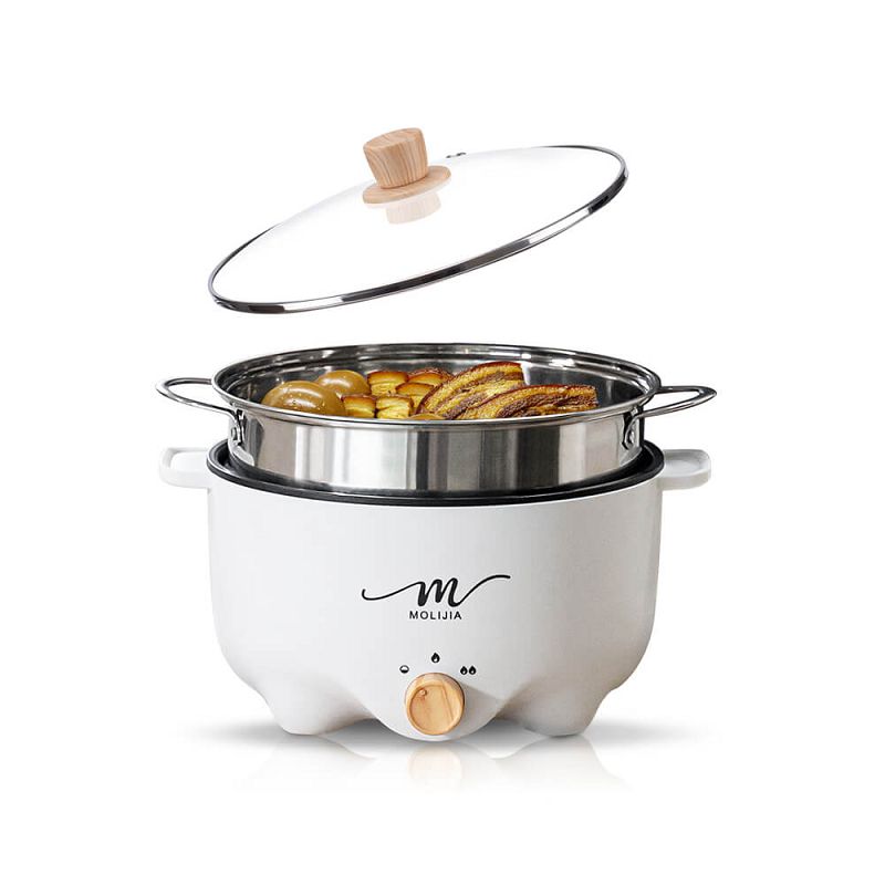 【MOLIJIA】3L-M22 Multifunctional Non-stick Electric Hot Pot + M2209 Stainless Steel Steamer - White Wood Grain, , large