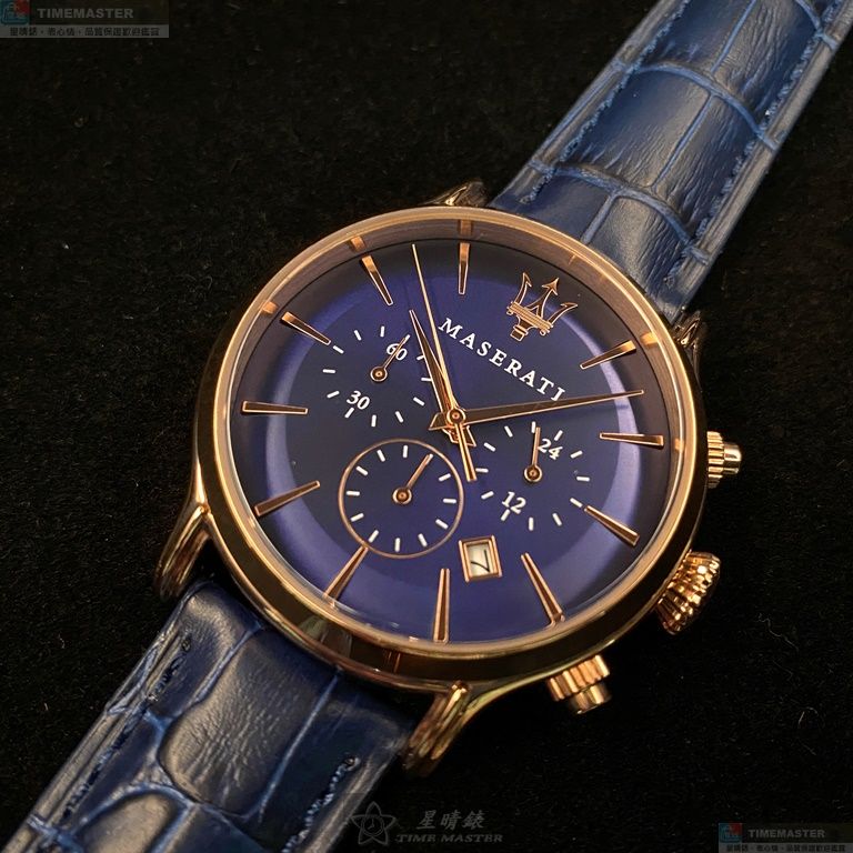 [星晴錶業]MASERATI手錶,42mm,R8871618007寶藍色錶面玫瑰金錶殼寶藍真皮皮革錶帶款, , large