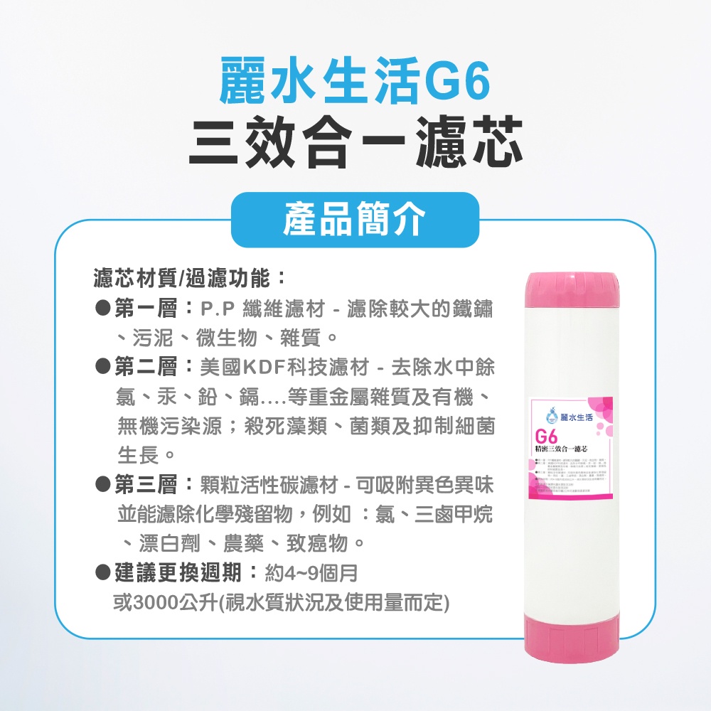 【麗水生活】 G6三效合一濾芯 PP纖維 KDF 顆粒活性碳 飲水機 淨水器 過濾器 濾心, , large