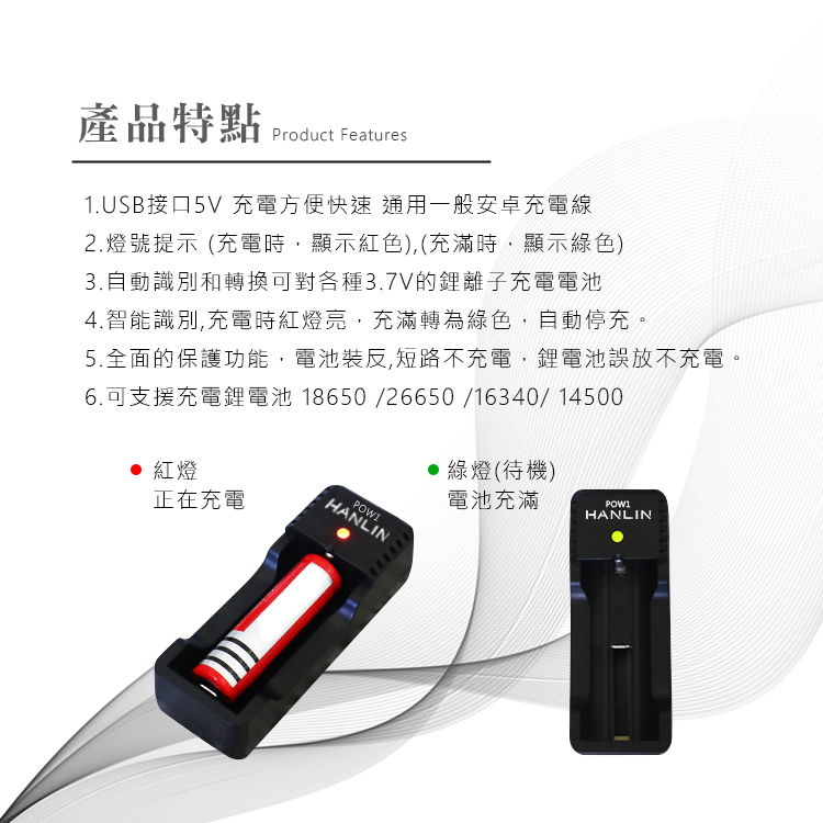 [HANLIN]-POW1-單槽18650電池USB充電器#現貨 18650 電池 充電器 燈號提示 USB, , large