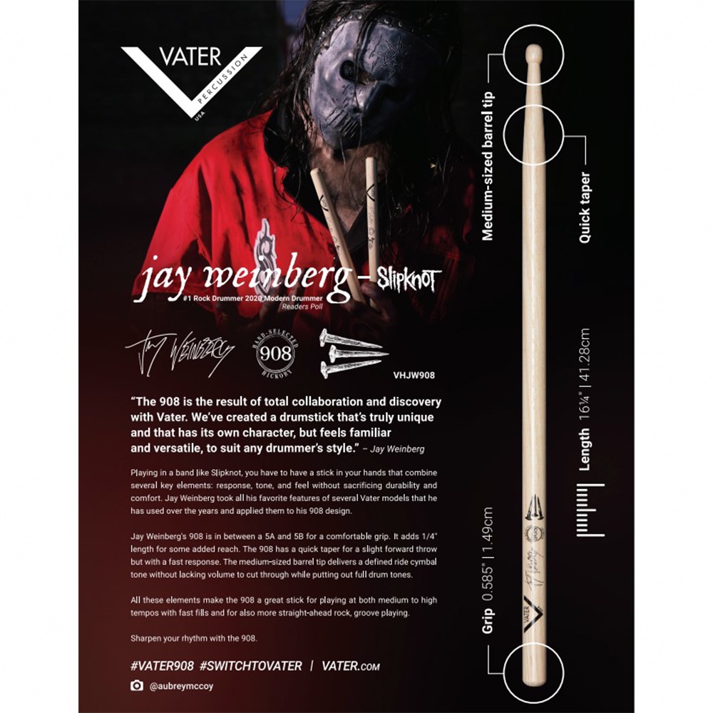 VATER VHJW908 Slipknot 鼓手 Jay Weinberg 簽名鼓棒【敦煌樂器】, , large