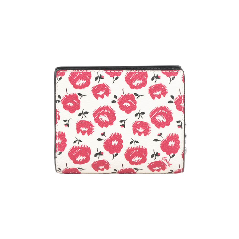 COACH C Logo 拉鍊花卉圖案塗層帆布暗釦二折短夾(紅色), , large