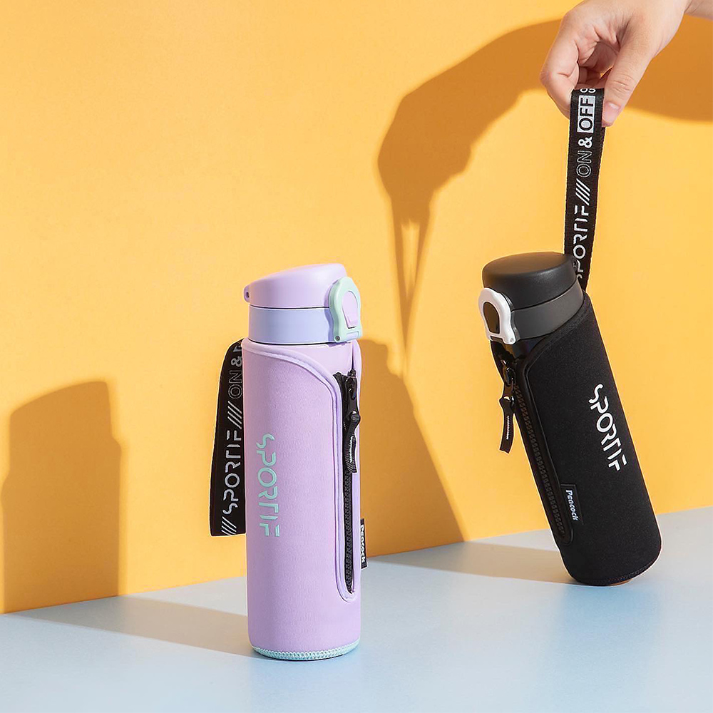 【日本孔雀Peacock】戶外運動 鎖扣式彈蓋 不鏽鋼 保冷保溫杯500ML(附拉鍊手提杯套)-任選色, , large