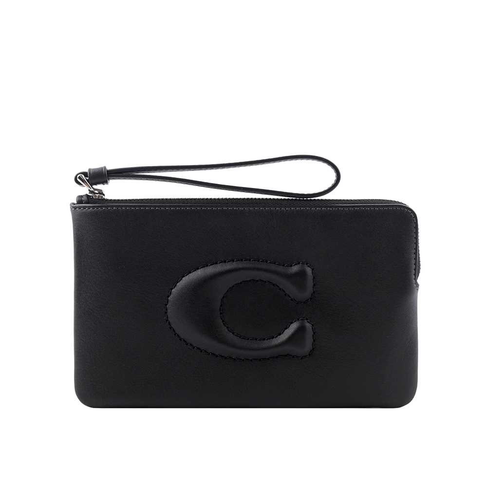 COACH C Logo 銀釦縫線標誌平滑皮革大款手拿包/黑色, , large