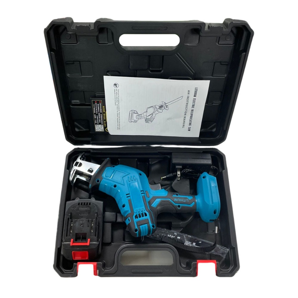 Brushed saber saw with 5 sections, 1 battery, 1 charger, and 4 saw blades., , large