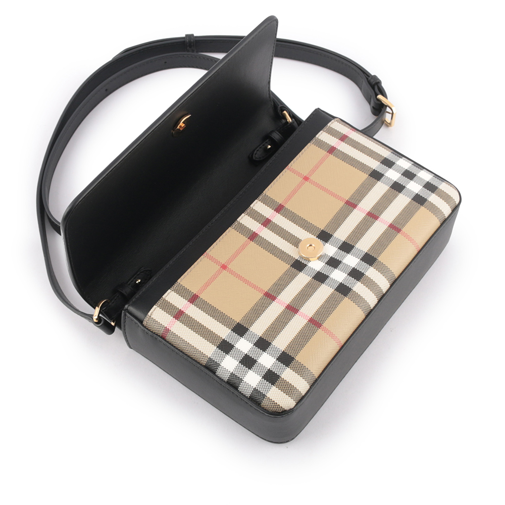 BURBERRY Penny 格紋帆布拼小牛皮翻蓋斜背包/經典米色/黑色, , large