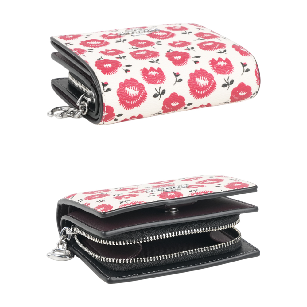 COACH C Logo 拉鍊花卉圖案塗層帆布暗釦二折短夾(紅色), , large