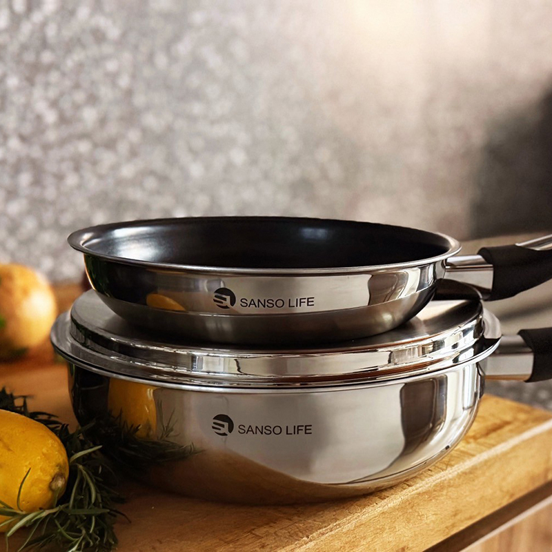 【SANSO LIFE】不鏽鋼不沾平底深鍋 24cm (附不鏽鋼蓋), , large