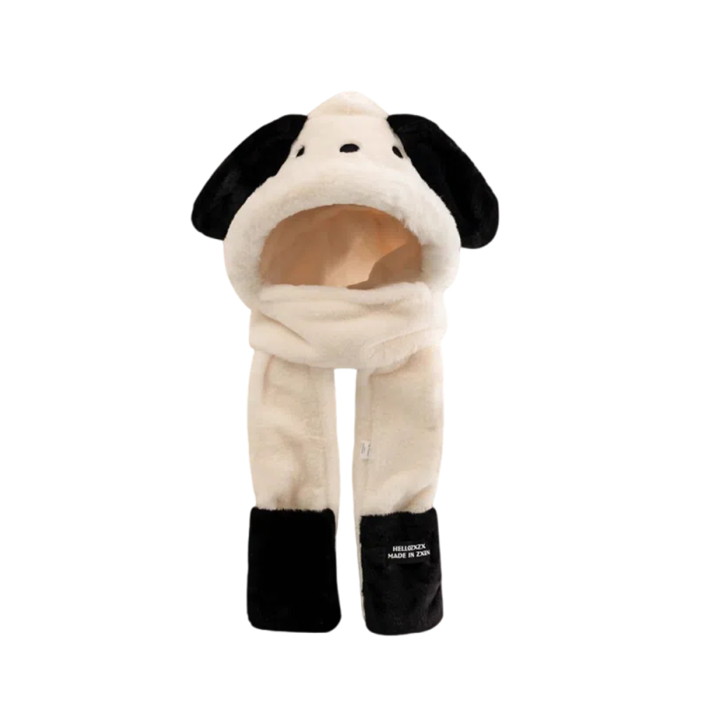 【A&R】秋冬加厚絨毛大耳狗造型連帽圍巾手套三件套防寒帽 - 純白, , large