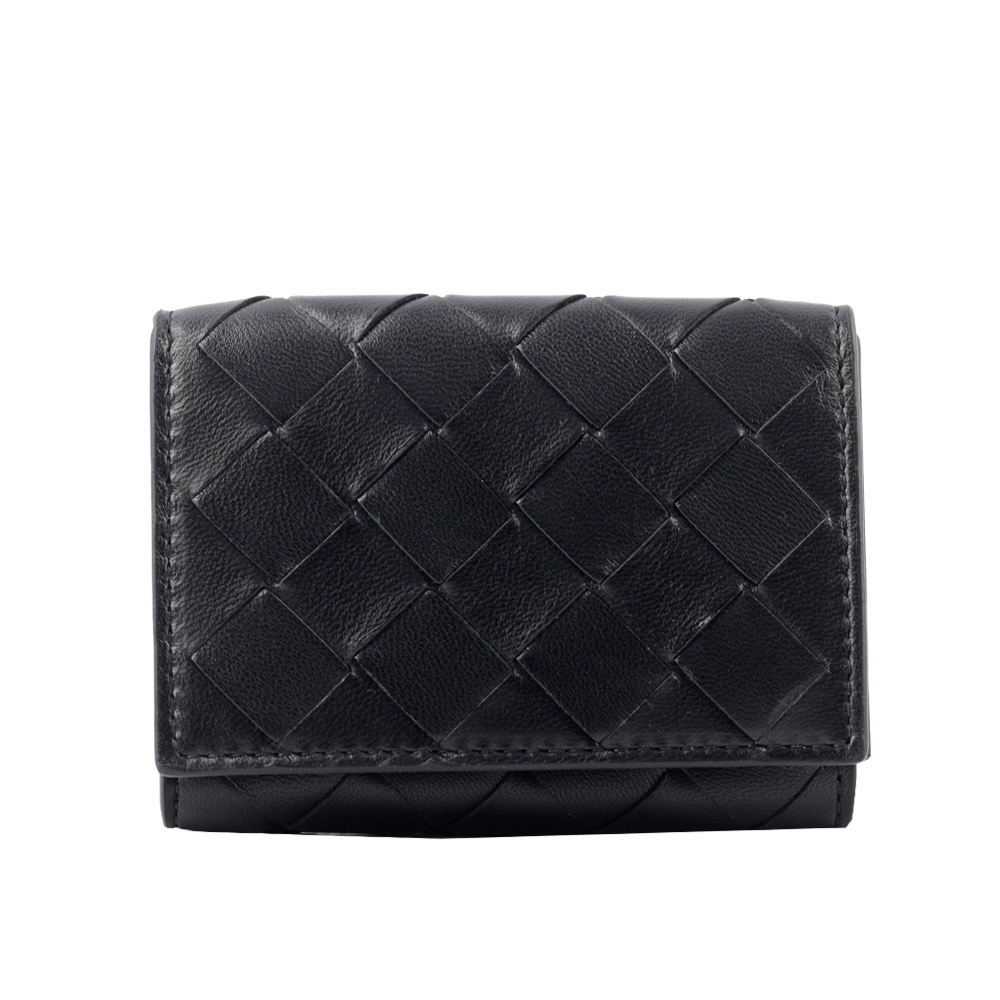 BOTTEGA VENETA 經典小羊皮及小牛皮編織迷你雙釦三折短夾/黑色