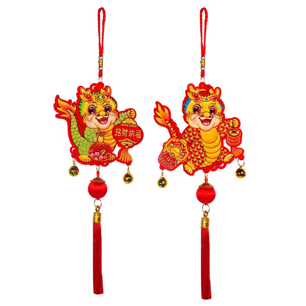 摩達客◉春節開運招財◉招財納福一桶金龍年大吉流蘇鈴鐺掛飾吊飾(2入一對), , large