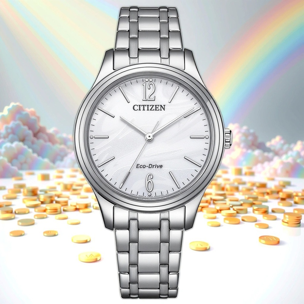CITIZEN 星辰 光動能大三針時尚女錶 送禮-銀x白/34mm EM0411-71A, , large
