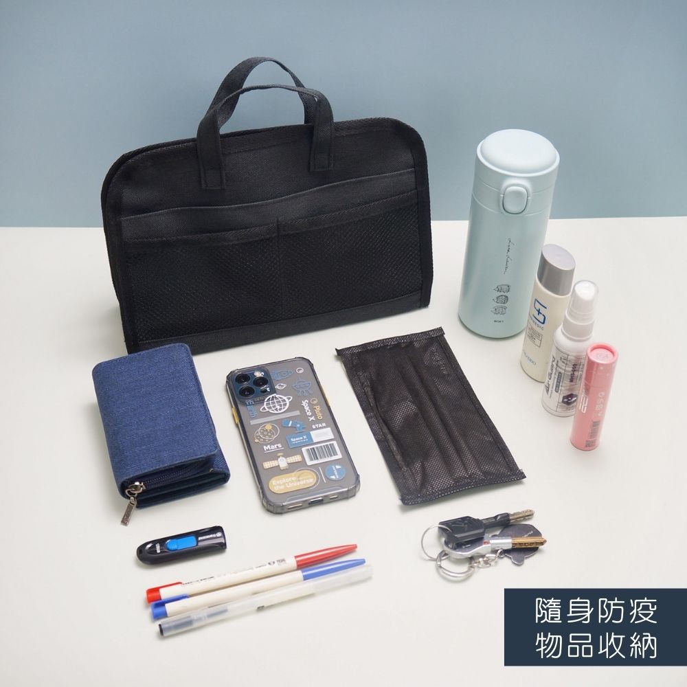 【YUNJOIN】尼龍手提袋中袋-黑色 內膽包 內襯分類袋 收納袋 可手提 多夾層 網袋 旅遊收納, , large
